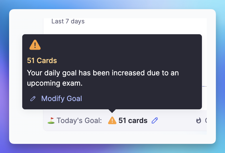 Daily goals automatically adjusting before exam date