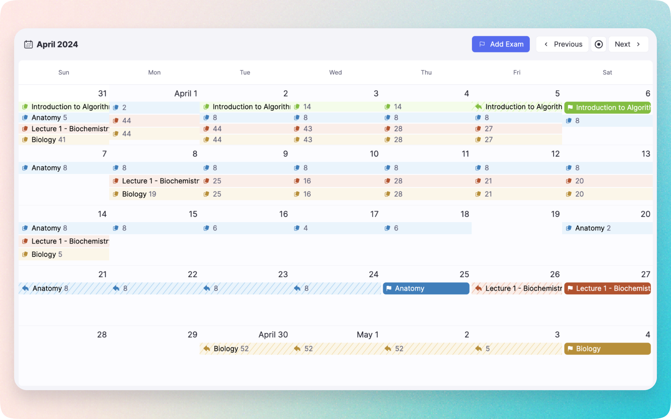 Exam calendar with upcoming practice reminders