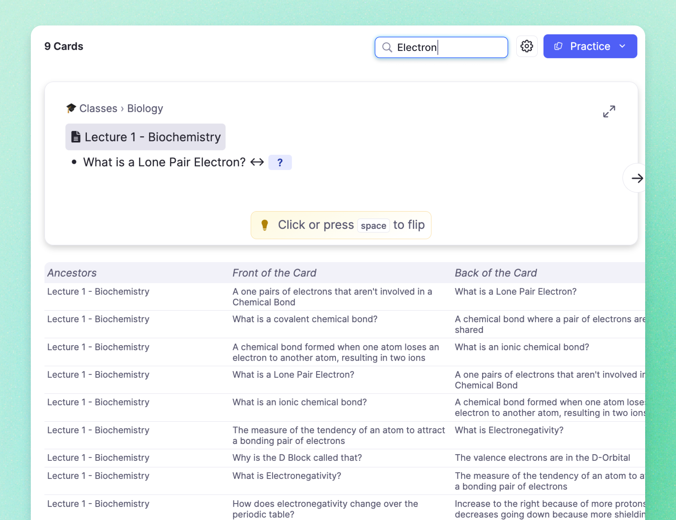Flashcard search with tag filtering options