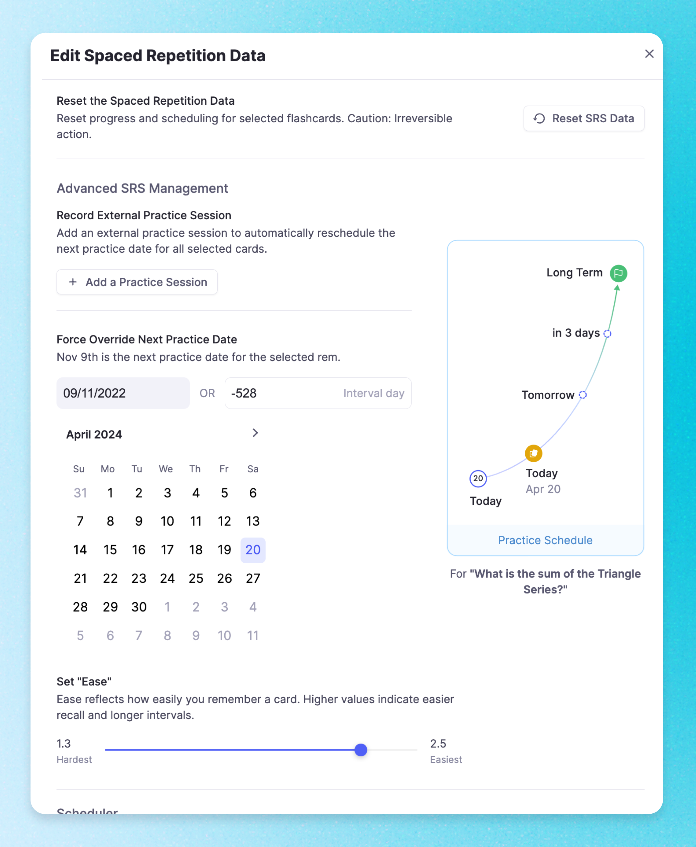 Flashcard practice queue with spaced repetition response buttons