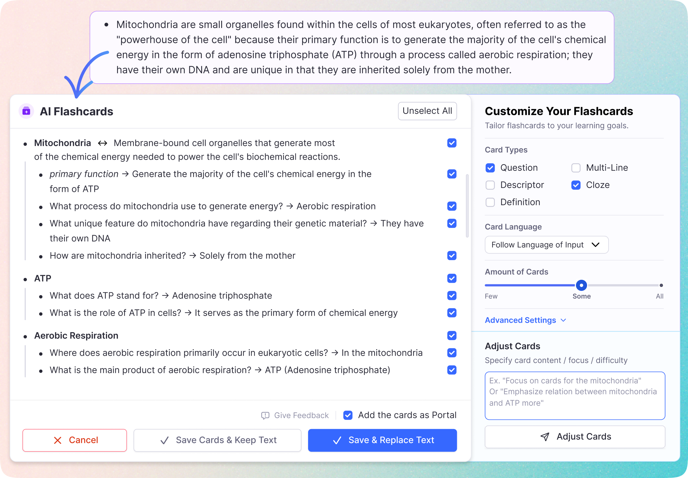 AI flashcard generator creating flashcards from notes in RemNote