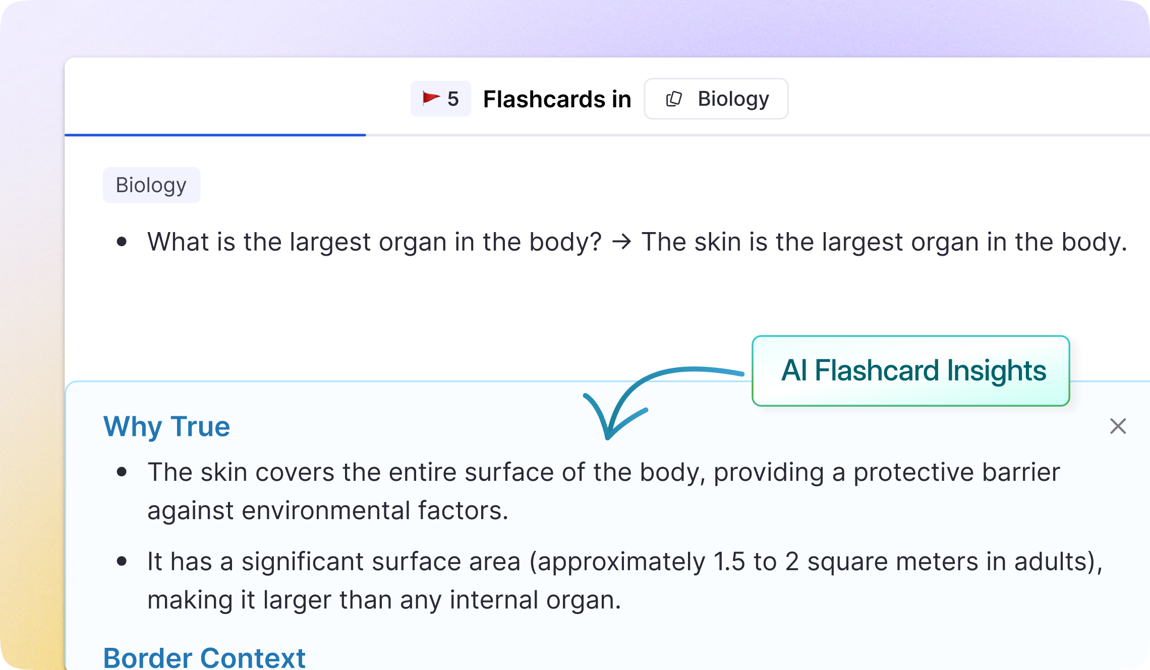 Flashcard Insights panel showing why-true explanation and mnemonic for a flashcard