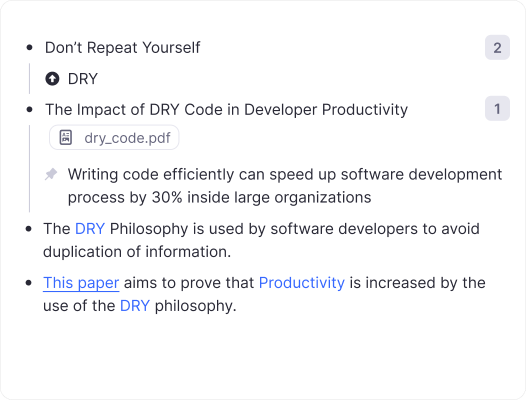 Research notes with tagged sources and linked arguments